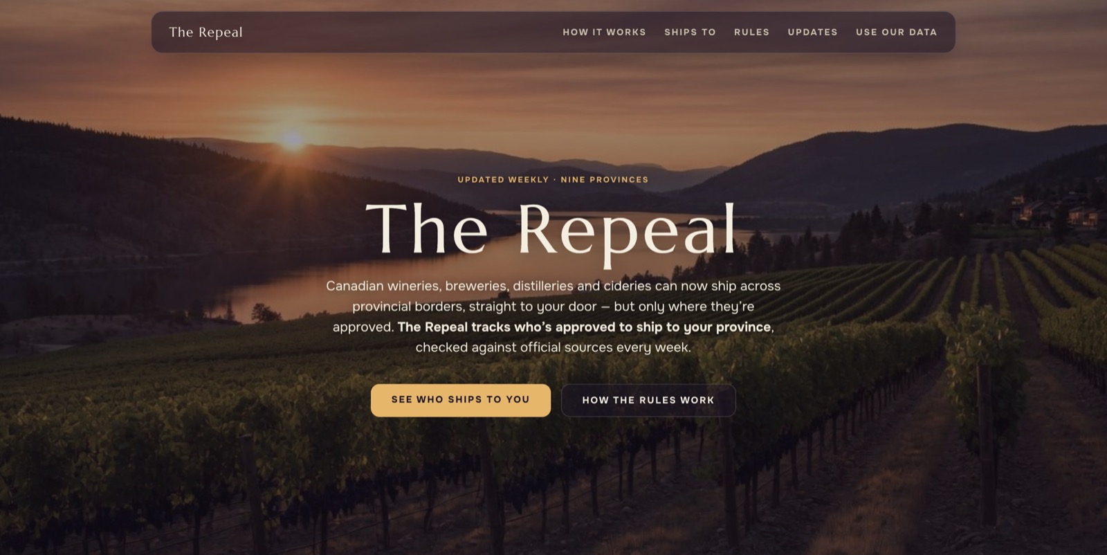 The Repeal — vineyard sunset homepage